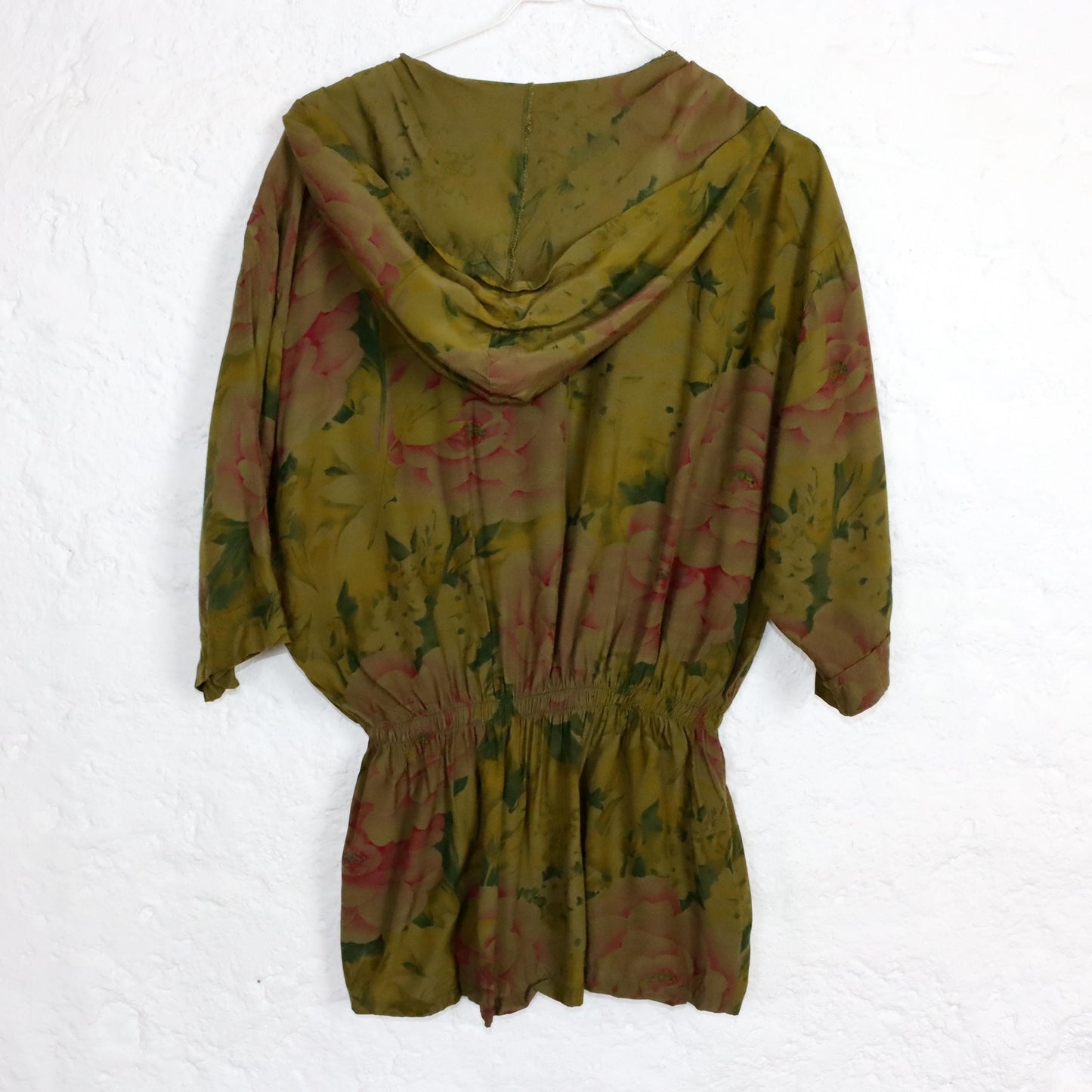 Vintage 80er 90er FANEY Bluse kurzarm tailliert crazy pattern Kapuze Blumenmuster L