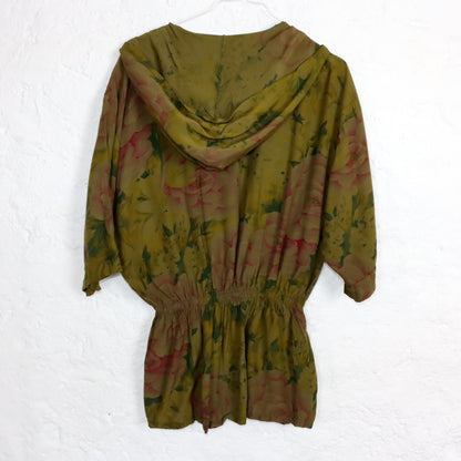 Vintage 80er 90er FANEY Bluse kurzarm tailliert crazy pattern Kapuze Blumenmuster L