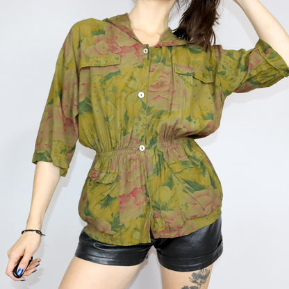 Vintage 80er 90er FANEY Bluse kurzarm tailliert crazy pattern Kapuze Blumenmuster L
