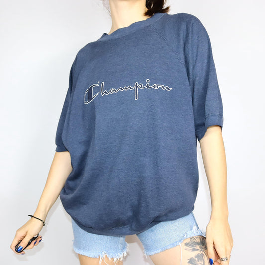 Vintage 80er 90er CHAMPION Sweatshirt kurzarm Shirt dunkelblau meliert XL