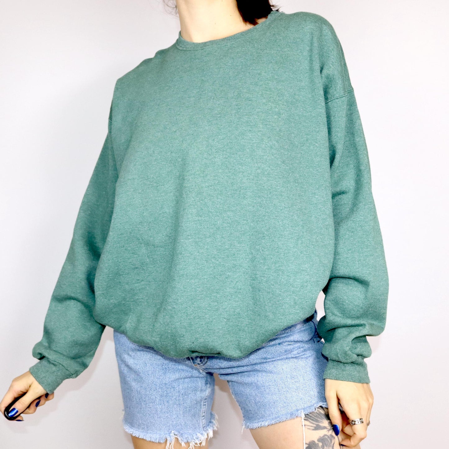 Vintage 80er 90er HANES Sweatshirt Pullover grün meliert Basic L