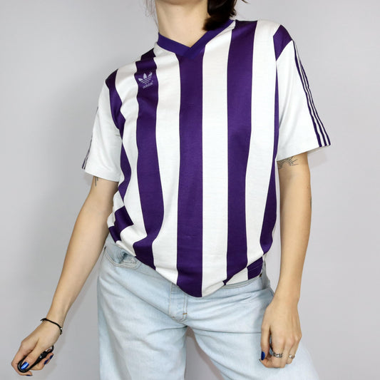 Vintage 80er 90er ADIDAS Trikot Shirt kurzarm V-Ausschnitt gestreift lila weiß W.-Germany D7/8 M