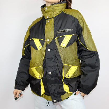 Vintage 80er 90er MC.ROSS Skijacke Winterjacke gefüttert schwarz gelb Stehkragen 48 L