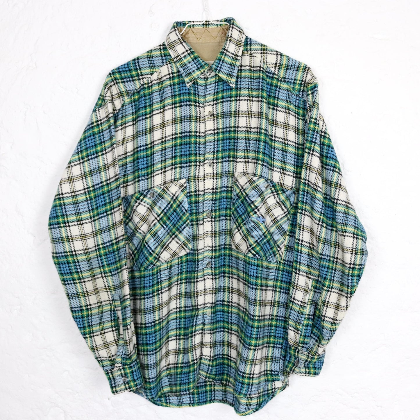 Vintage 80s 90s SPORTLINE flannel shirt long sleeve wool shirt checked blue green yellow S