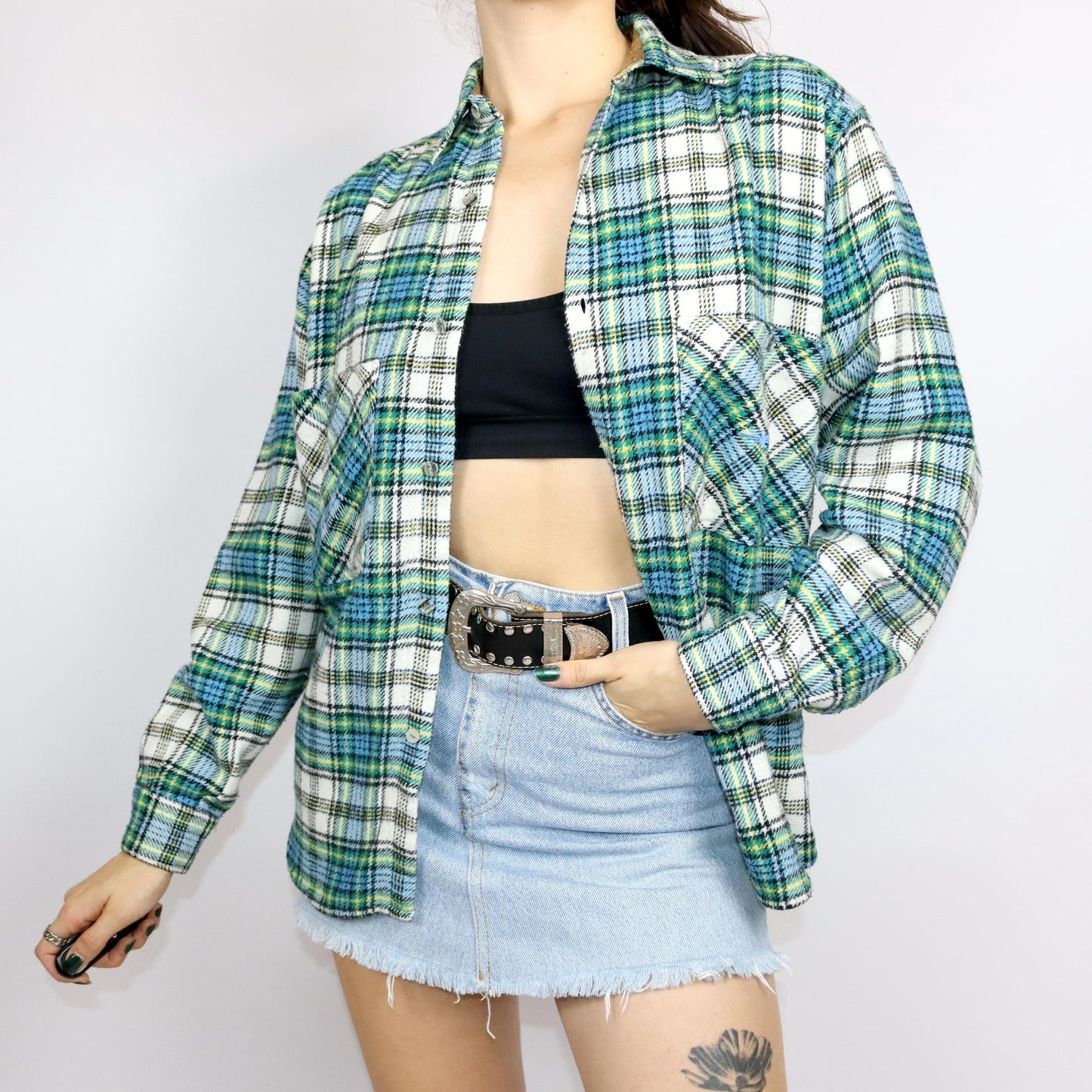 Vintage 80s 90s SPORTLINE flannel shirt long sleeve wool shirt checked blue green yellow S