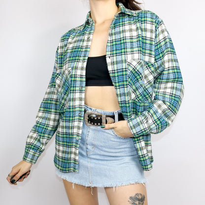 Vintage 80s 90s SPORTLINE flannel shirt long sleeve wool shirt checked blue green yellow S