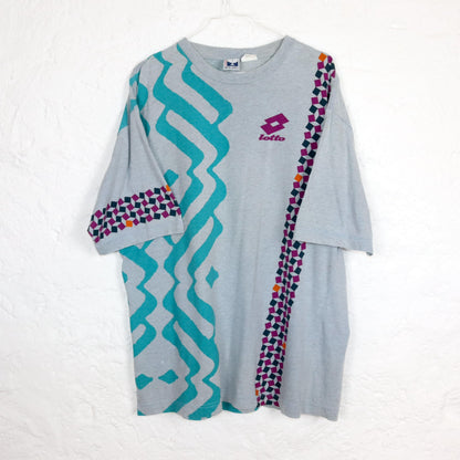 Vintage 80s 90s LOTTO T-shirt short sleeve crazy pattern light blue XL