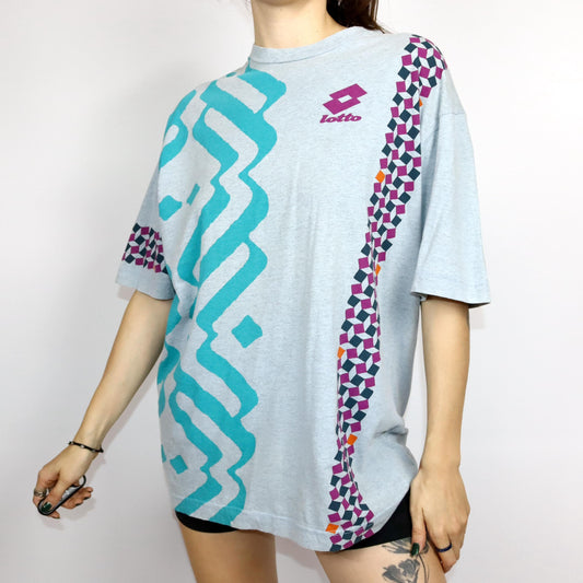 Vintage 80s 90s LOTTO T-shirt short sleeve crazy pattern light blue XL