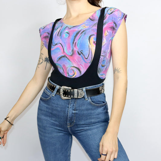 Vintage 80s 90s RODEO Body Aerobicbody One-piece crazy pattern colorful black M