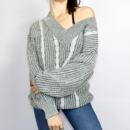 Vintage 80er 90er Pullover Wollpullover Wolle V-Ausschnitt grau 48 M/L