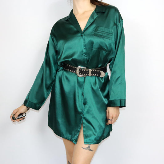 Vintage 80s 90s nightgown dress satin button-down shiny dark green M