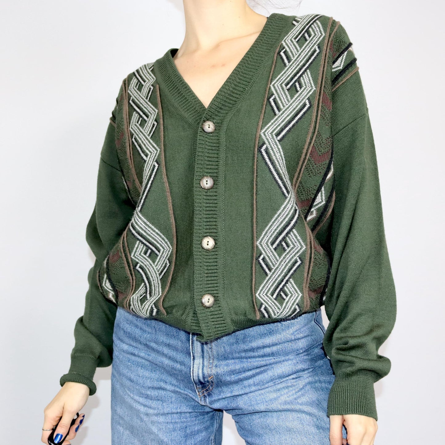 Vintage 80er 90er Strickjacke Cardigan gemustert dunkelgrün Knopfleiste 52 L