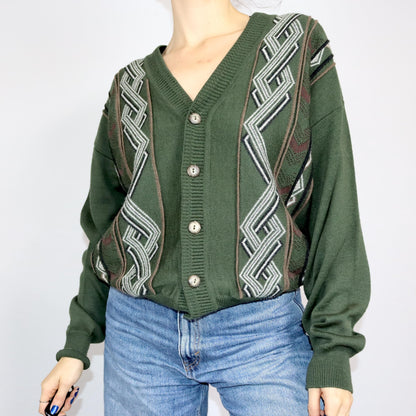 Vintage 80er 90er Strickjacke Cardigan gemustert dunkelgrün Knopfleiste 52 L