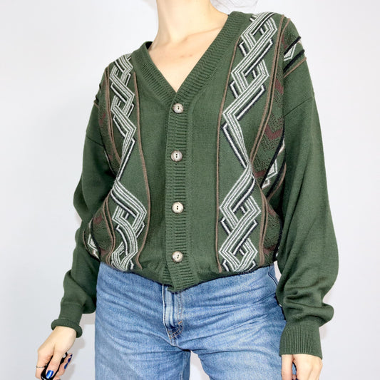 Vintage 80er 90er Strickjacke Cardigan gemustert dunkelgrün Knopfleiste 52 L