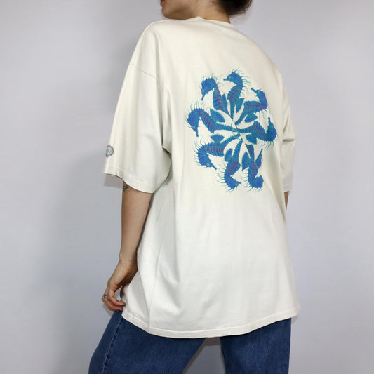 Vintage 80s 90s SKY&amp;HI Skater Shirt T-Shirt short sleeve heavy cotton beige print back XL