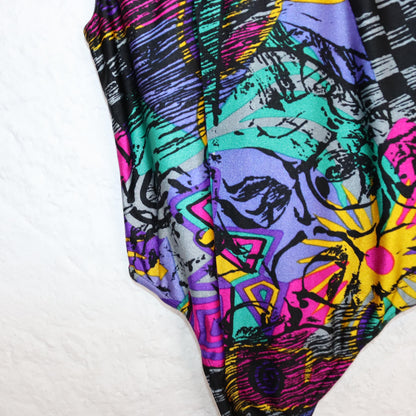 Vintage 80er 90er RIBBONS Body Aerobicbody Einteiler crazy pattern top bunt M