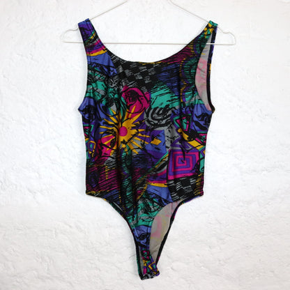 Vintage 80er 90er RIBBONS Body Aerobicbody Einteiler crazy pattern top bunt M