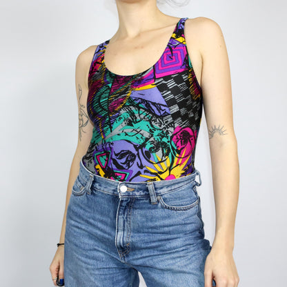 Vintage 80er 90er RIBBONS Body Aerobicbody Einteiler crazy pattern top bunt M