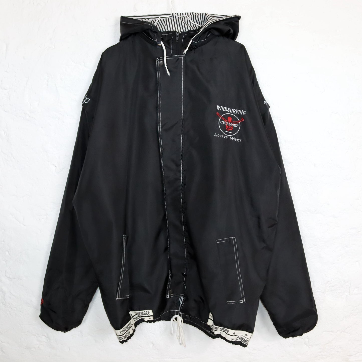 Vintage 80s 90s CHIEMSEE rain jacket vest windbreaker black with hood XXL