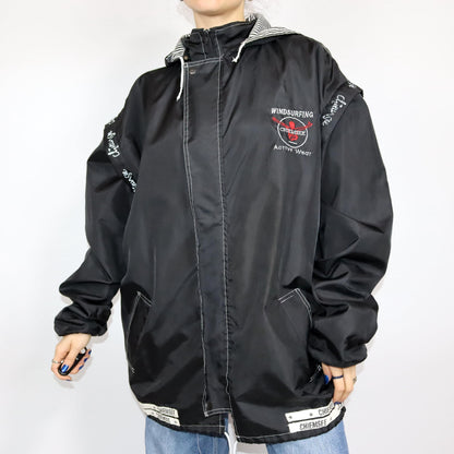 Vintage 80s 90s CHIEMSEE rain jacket vest windbreaker black with hood XXL