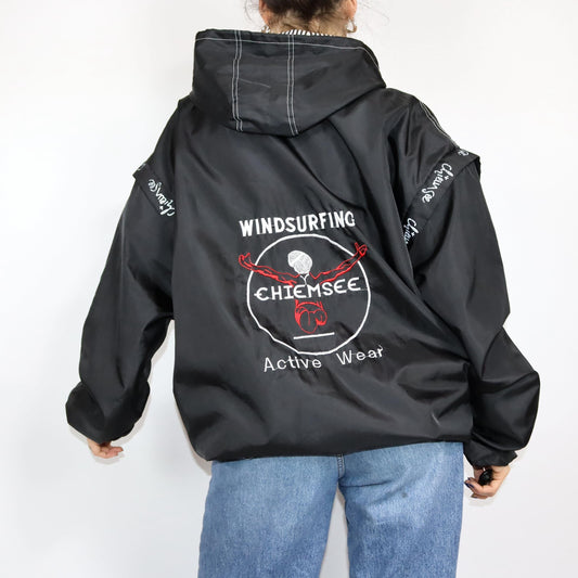 Vintage 80s 90s CHIEMSEE rain jacket vest windbreaker black with hood XXL