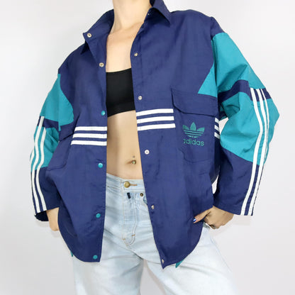Vintage 80s 90s ADIDAS rain jacket windbreaker collar dark blue turquoise D4 S