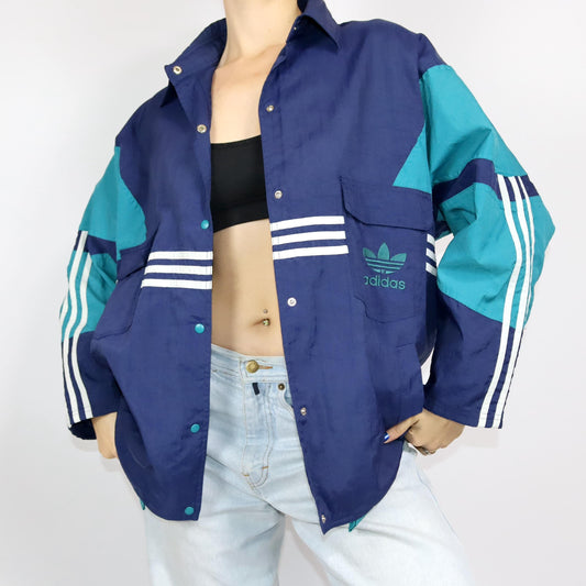 Vintage 80s 90s ADIDAS rain jacket windbreaker collar dark blue turquoise D4 S