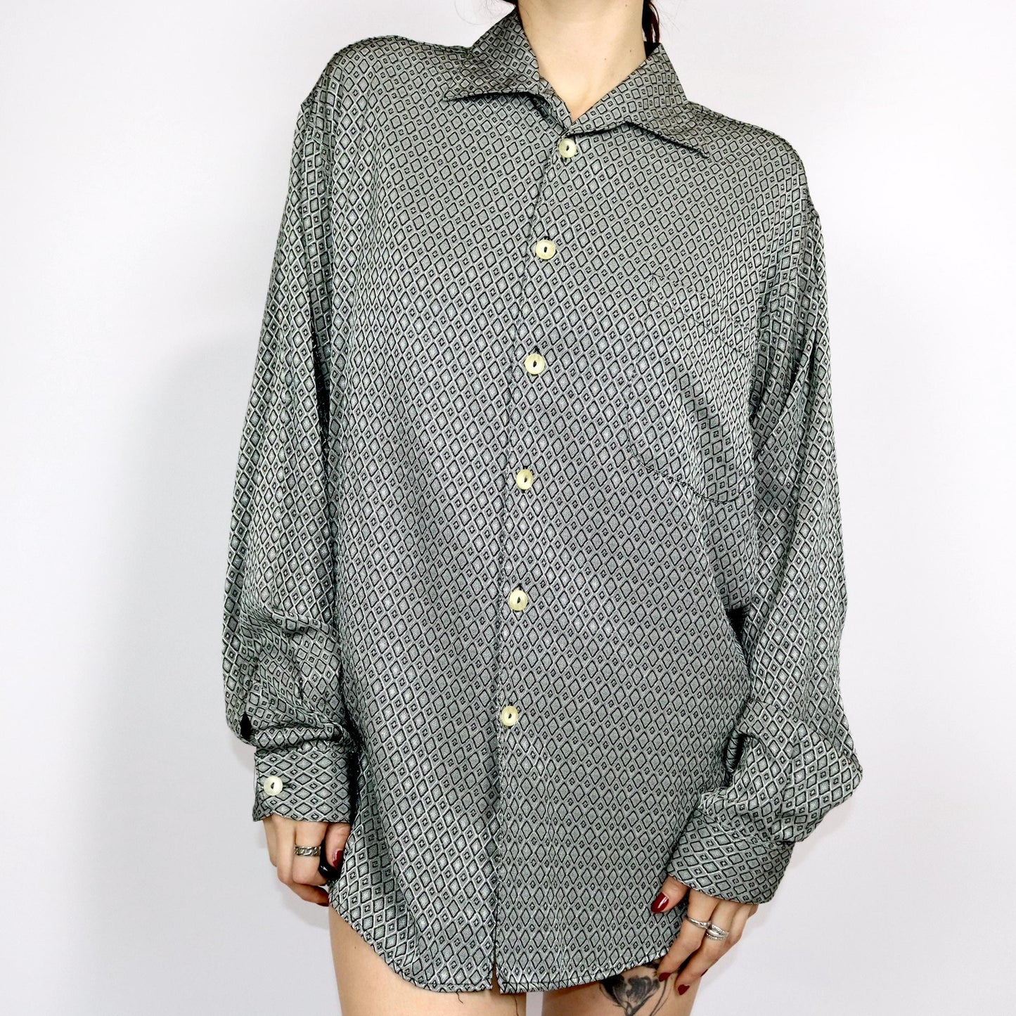 Vintage 80s 90s GUAPO shirt long sleeve silver patterned shiny XXL