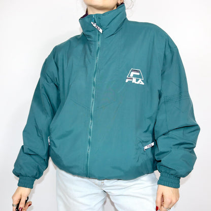 Vintage 80s 90s FILA winter jacket lined green purple bomber jacket stand-up collar XL