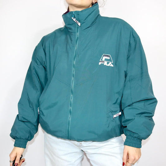 Vintage 80s 90s FILA winter jacket lined green purple bomber jacket stand-up collar XL