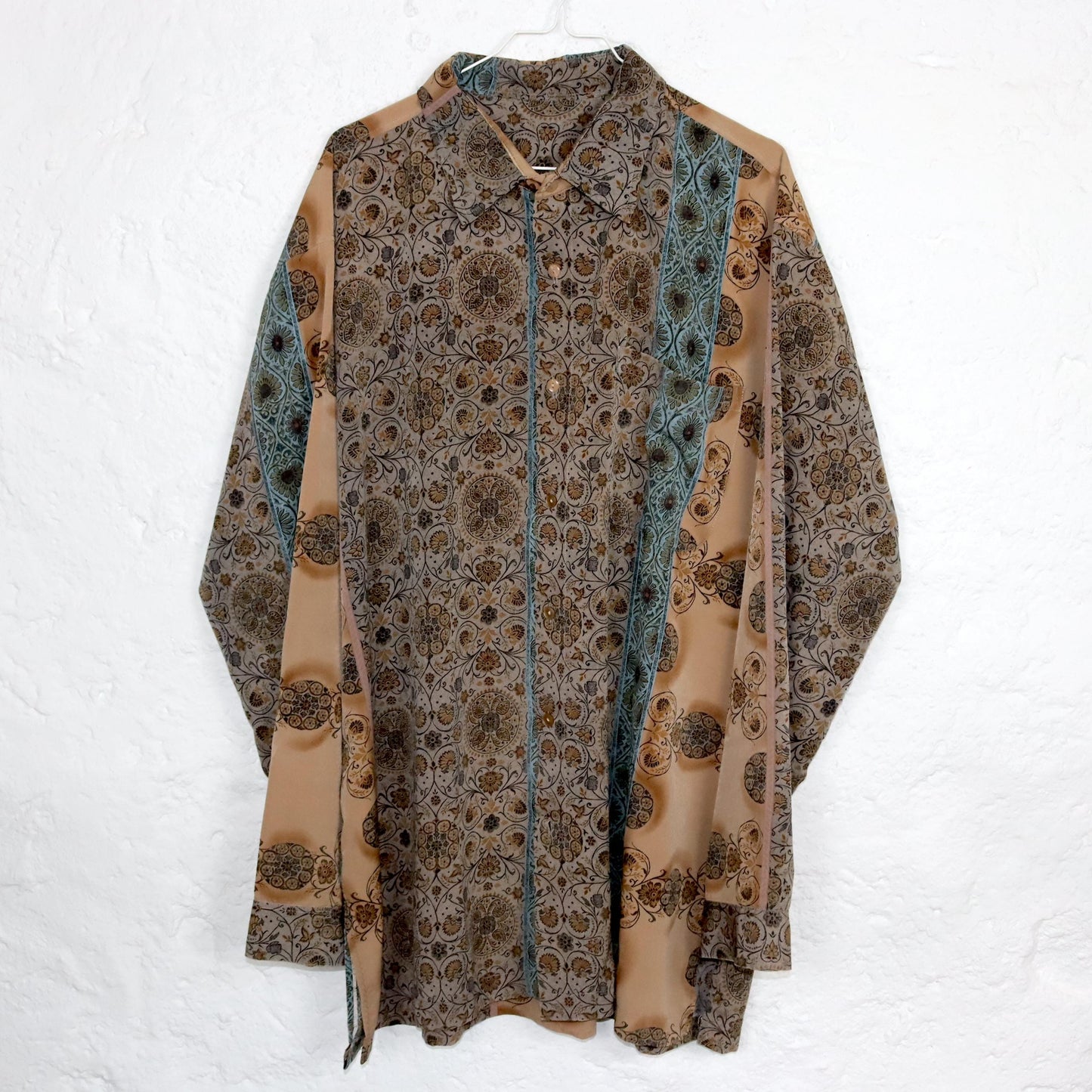 Vintage 80s 90s blouse shirt dress blouse dress patterned beige blue L