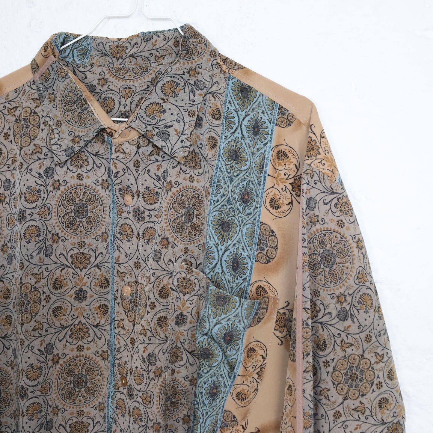 Vintage 80s 90s blouse shirt dress blouse dress patterned beige blue L