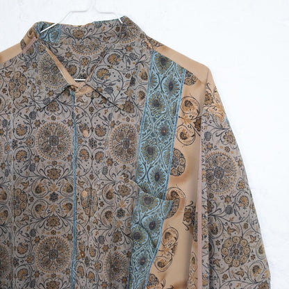 Vintage 80s 90s blouse shirt dress blouse dress patterned beige blue L