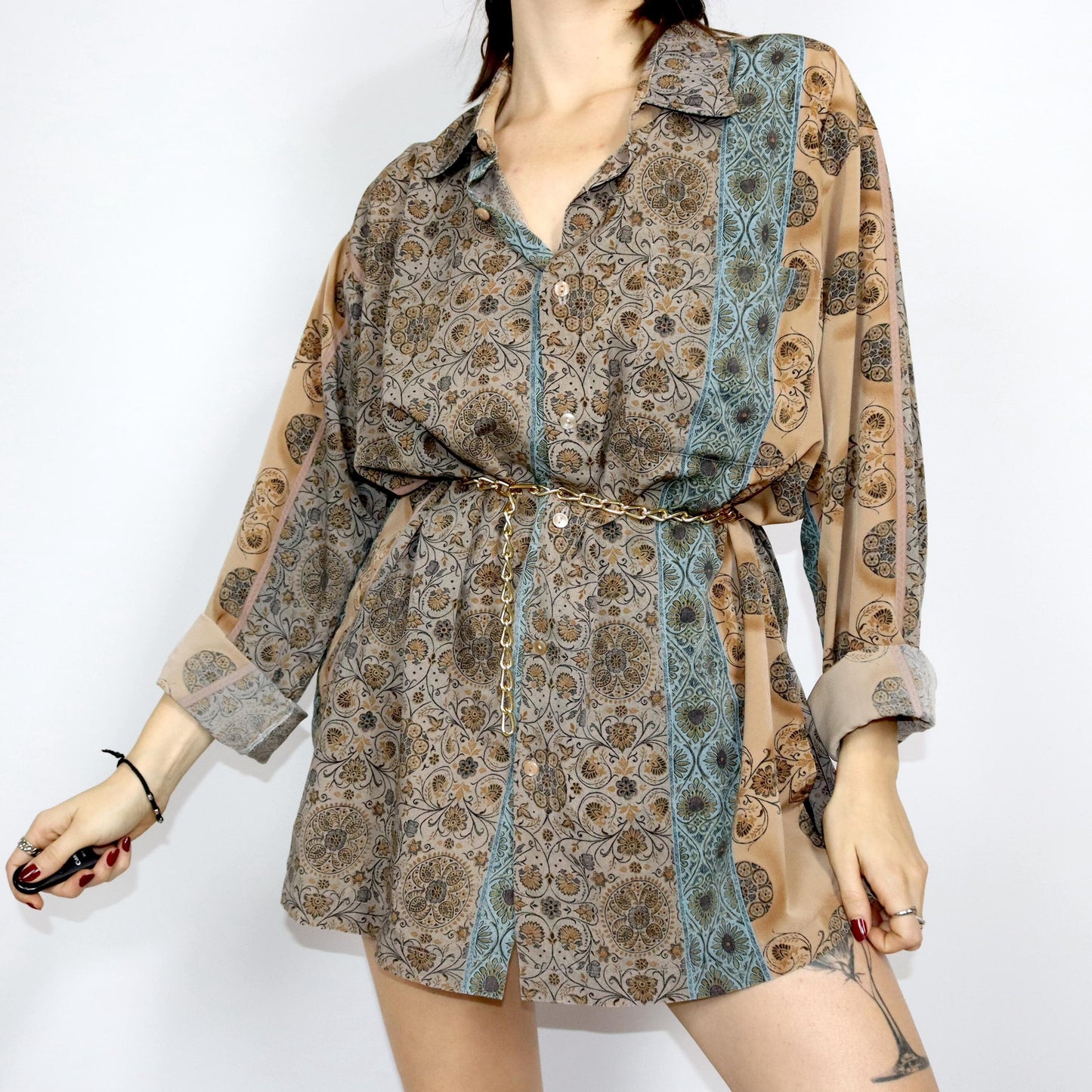 Vintage 80s 90s blouse shirt dress blouse dress patterned beige blue L