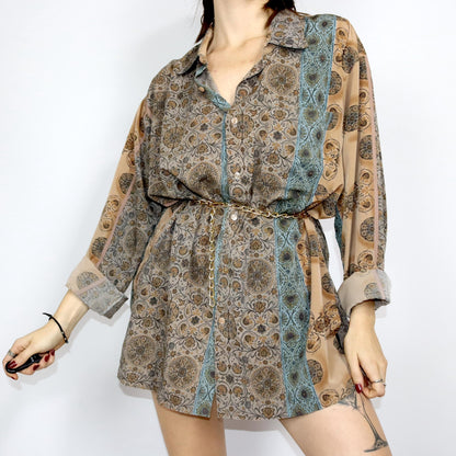 Vintage 80s 90s blouse shirt dress blouse dress patterned beige blue L