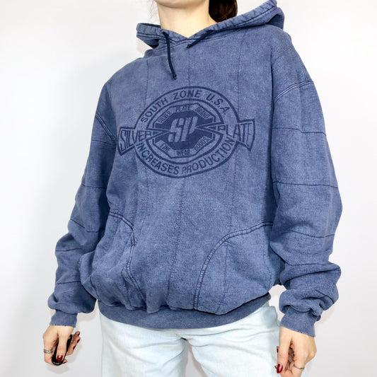 Vintage 80er 90er SILVER PLATE Hoodie dicker Pullover doppellagig used look dunkelblau Print
