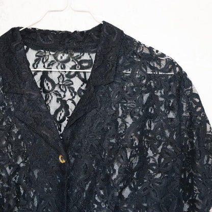 Vintage 80er 90er Bluse kurzarm bauchfrei zum Binden Spitze schwarz M