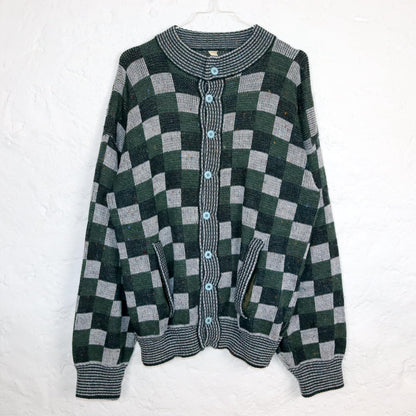 Vintage 80er 90er Strickjacke Cardigan gemustert dunkelgrün grau Schachbrettmuster Knopfleiste 52 L