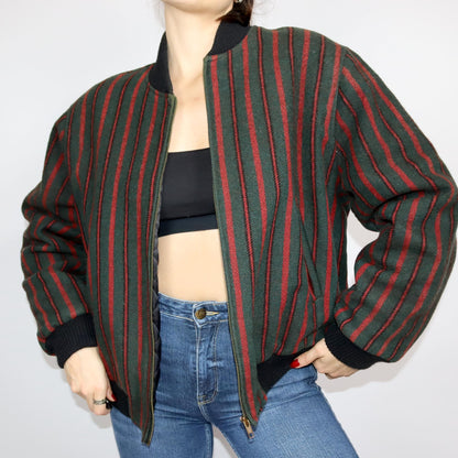 Vintage 80s 90s REDMAN bomber jacket wool lightly lined striped dark green red M