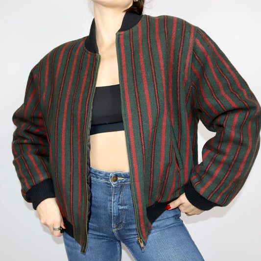Vintage 80s 90s REDMAN bomber jacket wool lightly lined striped dark green red M