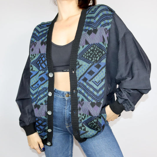 Vintage 80er 90er MANNA Cardigan gemustert Knopfreihe blau XL 54