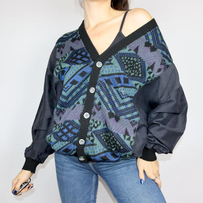 Vintage 80s 90s MANNA cardigan patterned button row blue XL 54