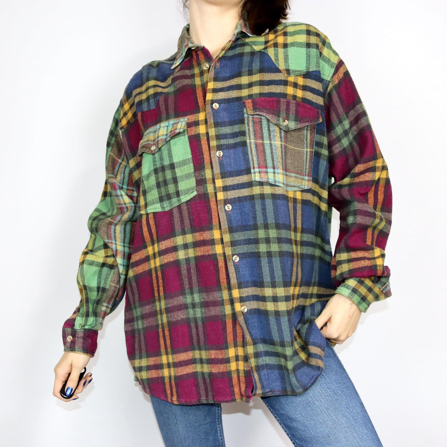 Vintage 80er 90er TAKE IT EASY Flanellhemd Hemd langarm bunt kariert L