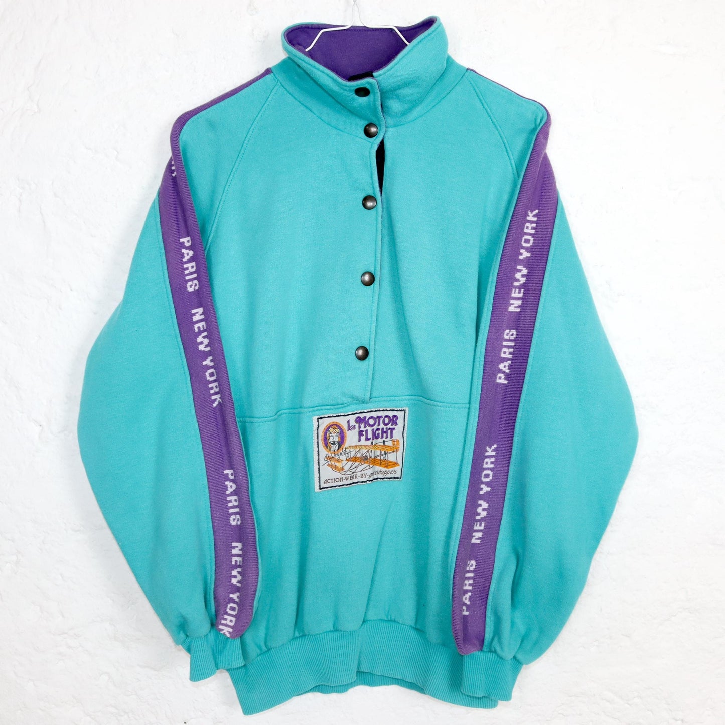 Vintage 80er 90er GRASSHOPPERS Sweatshirt Pullover Stehkragen türkis lila S