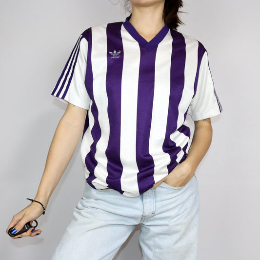 Vintage 80er 90er ADIDAS Trikot Shirt kurzarm V-Ausschnitt gestreift lila weiß W.-Germany D7/8 M