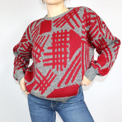 Vintage 80er 90er Pullover Strickpullover crazy pattern grau rot 50 L