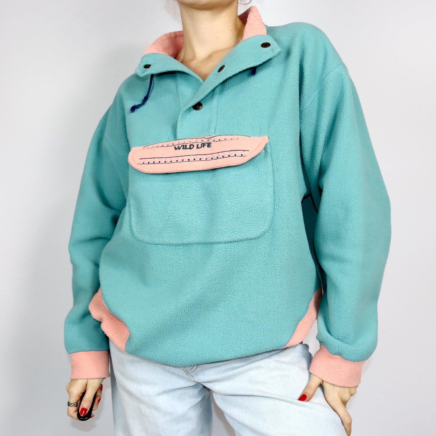 Vintage 80er 90er BIDIBLU Fleecepullover Pullover Stehkragen Pastell XL