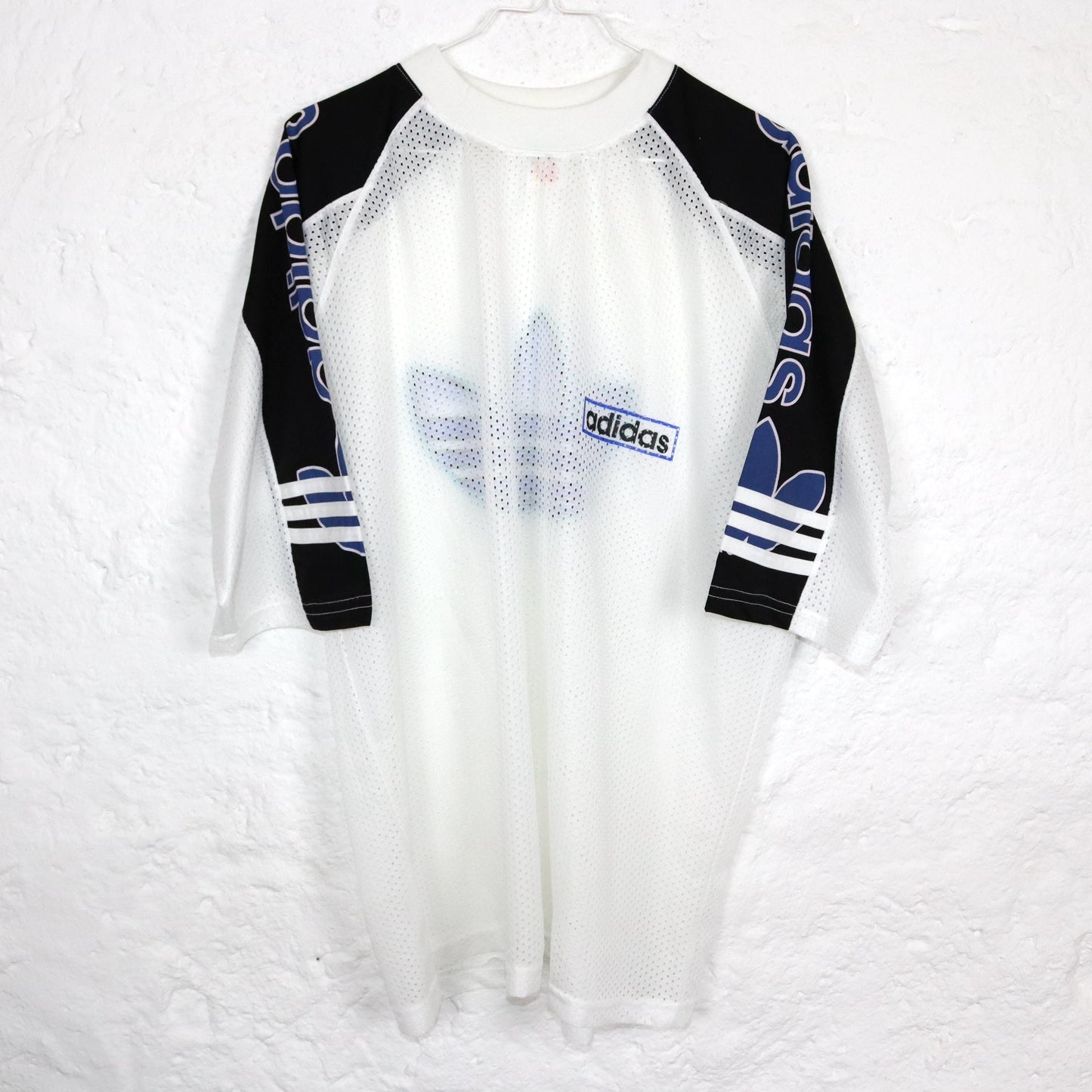 Vintage 80s 90s ADIDAS jersey mesh T-shirt short sleeve white blue D9 XL