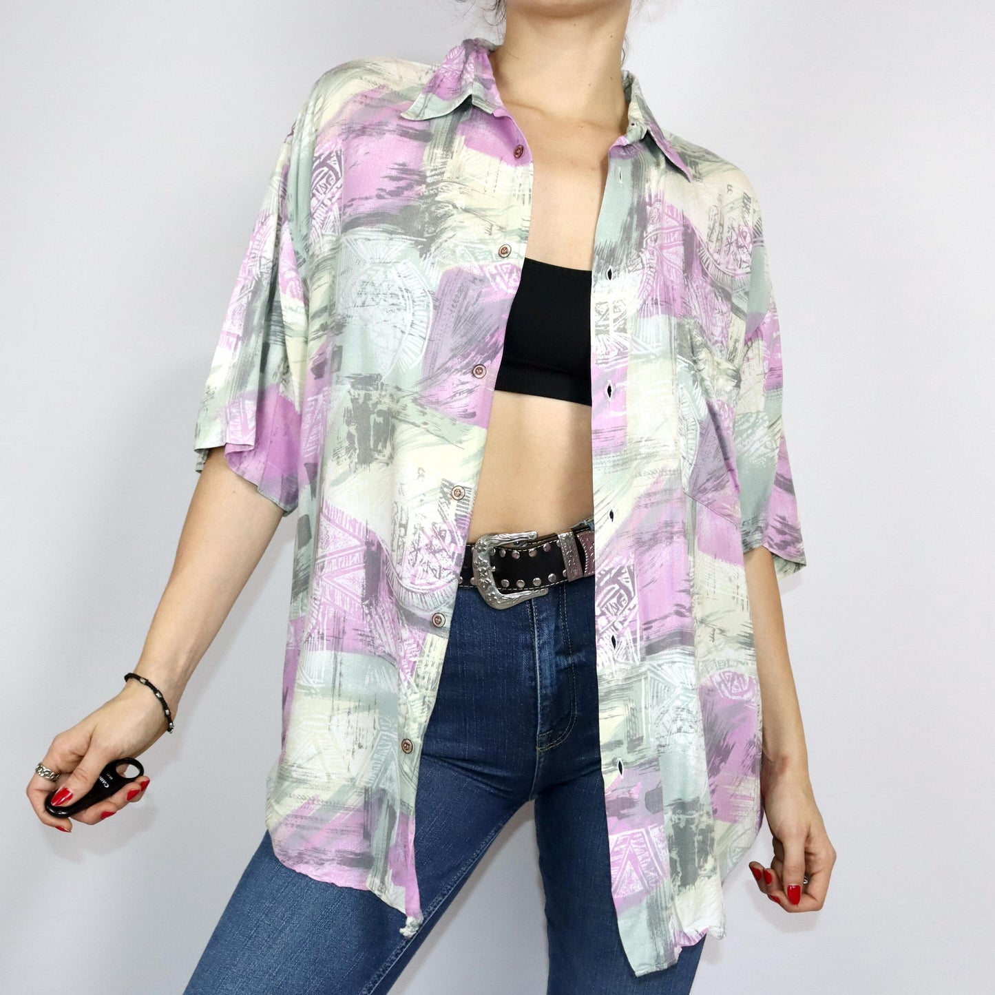 Vintage 80s 90s CASH MC CALL shirt short sleeve crazy pattern pink pastel L