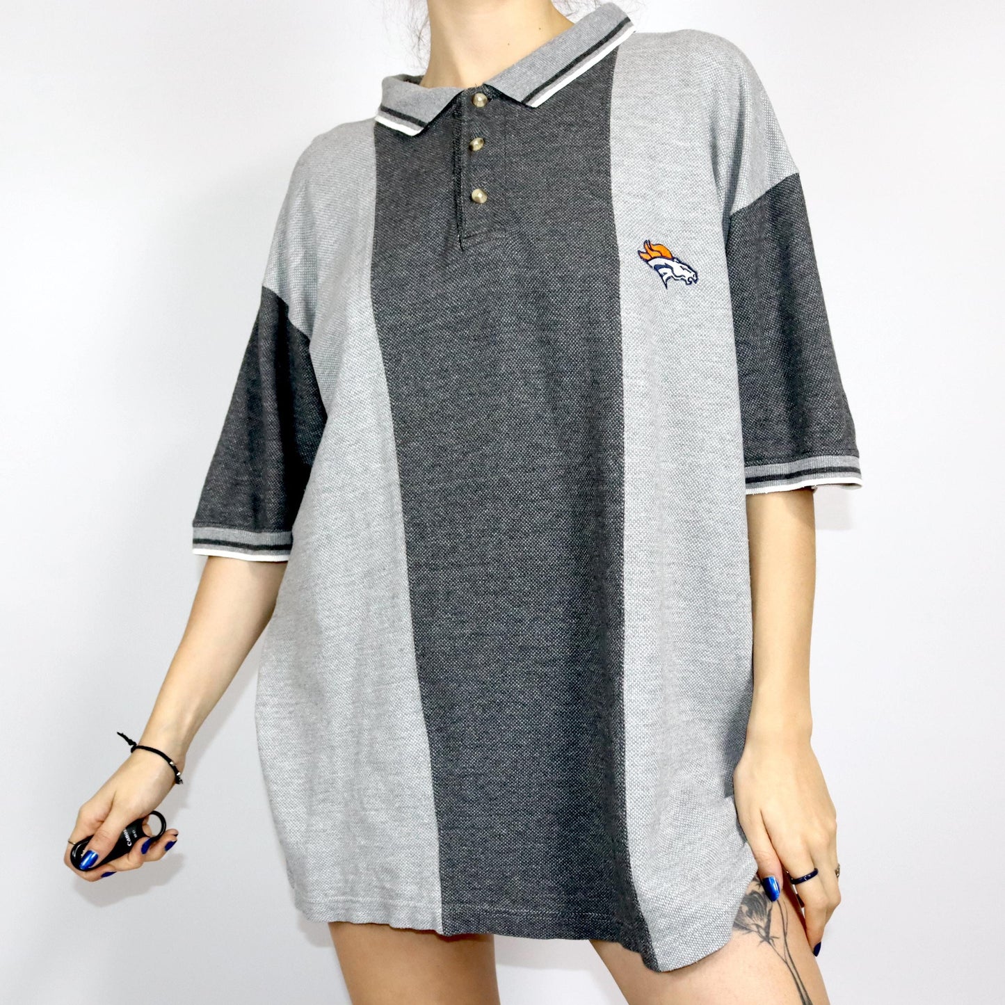 Vintage 80s 90s DENVER BRONCOS 1999 NLFP Polo Shirt T-Shirt short sleeve grey L
